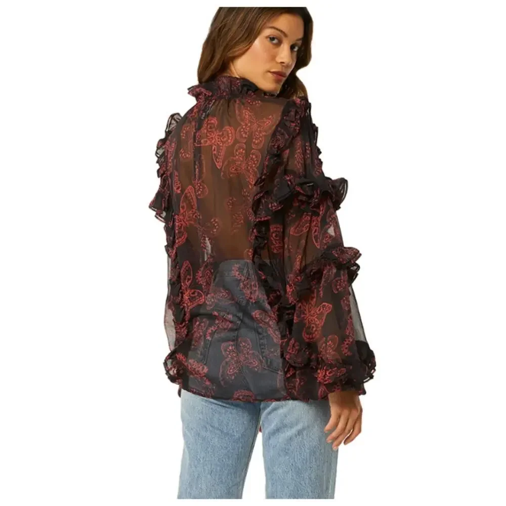MISA Los Angeles Frida Butterfly Sheer Blouse Ruffle Puffy Sleeves sz XS X-Small - Picture 7 of 13